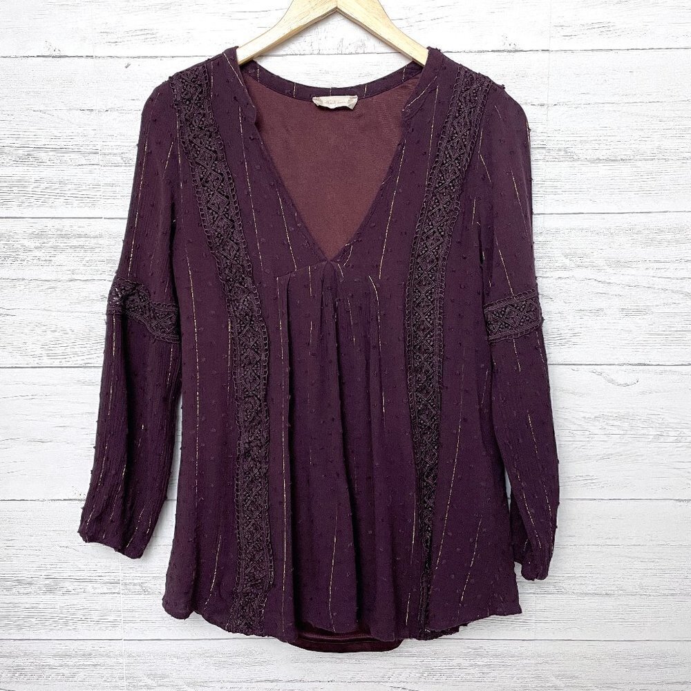 Altar'd State Women's Purple Top Gauze and Crochet Tunic Gold Thread Small